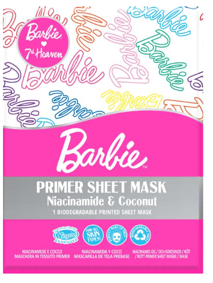 Barbie Primer Sheet Mask Mascarilla de Tela Prebase con Niacinamida y Coco