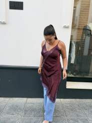 Vestido lencero asimetrico tinto