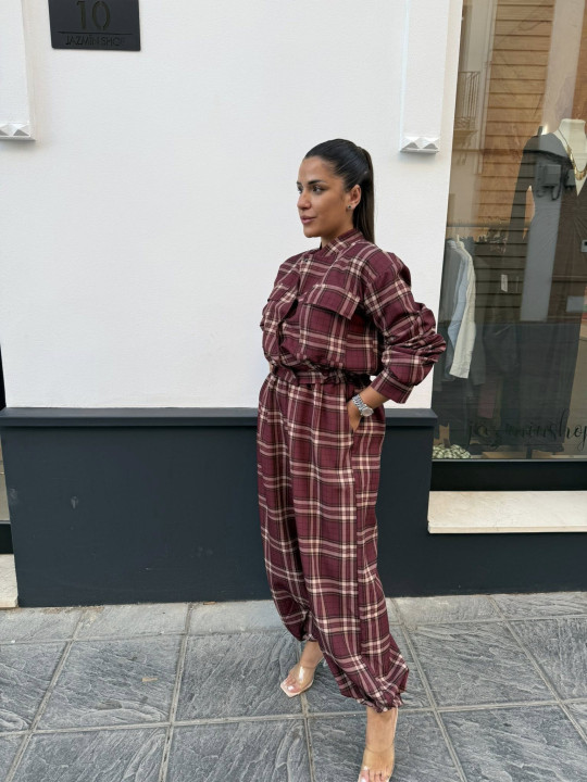 Pantalon boho cuadros tinto