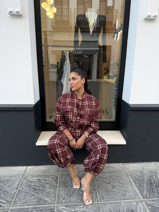Pantalon boho cuadros tinto