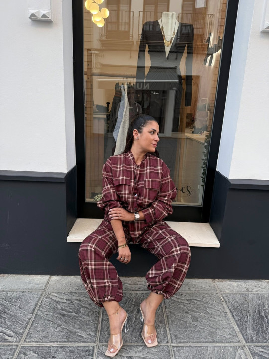 Pantalon boho cuadros tinto