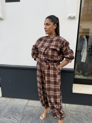 Pantalon boho cuadros marron