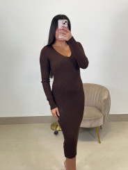 Vestido punto cuello pico marron