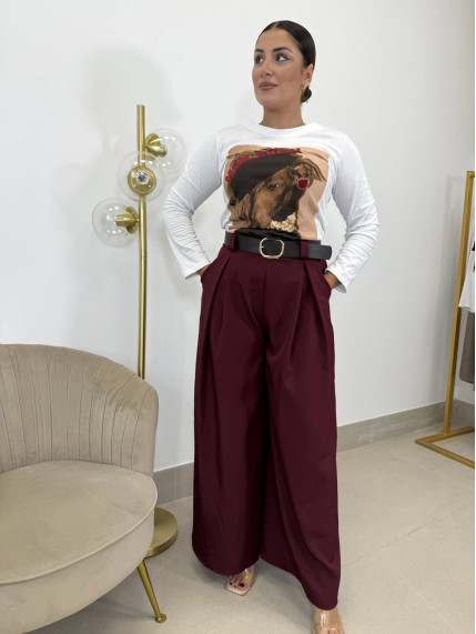 Pantalon ancho cinturon berenjena
