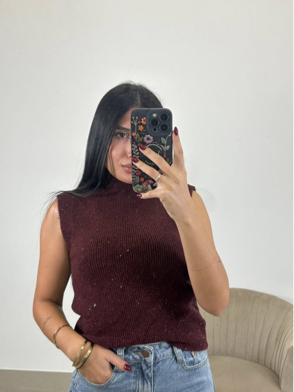 Chaleco lana brillos tinto
