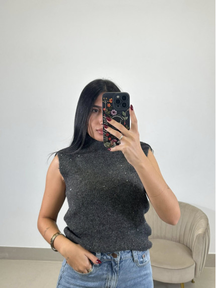 Chaleco lana brillos gris oscuro