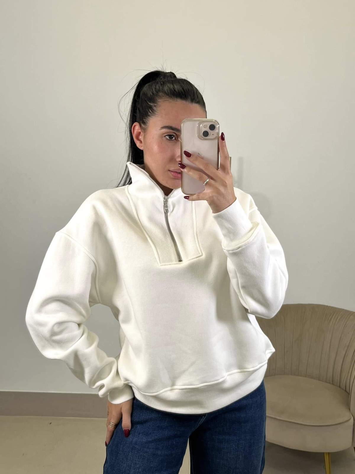 sudadera cuello chimenea blanca