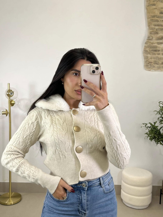 chaqueta punto cuello pelo beige