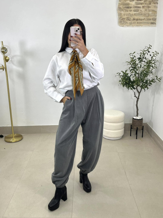 pantalon balloon pinzas rayas diplomaticas gris
