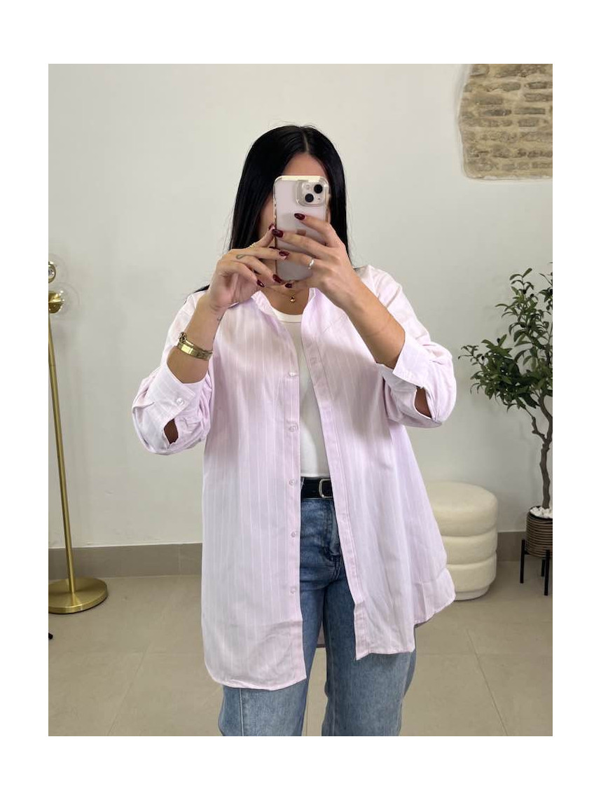 Camisa oxford rosa rayas blancas