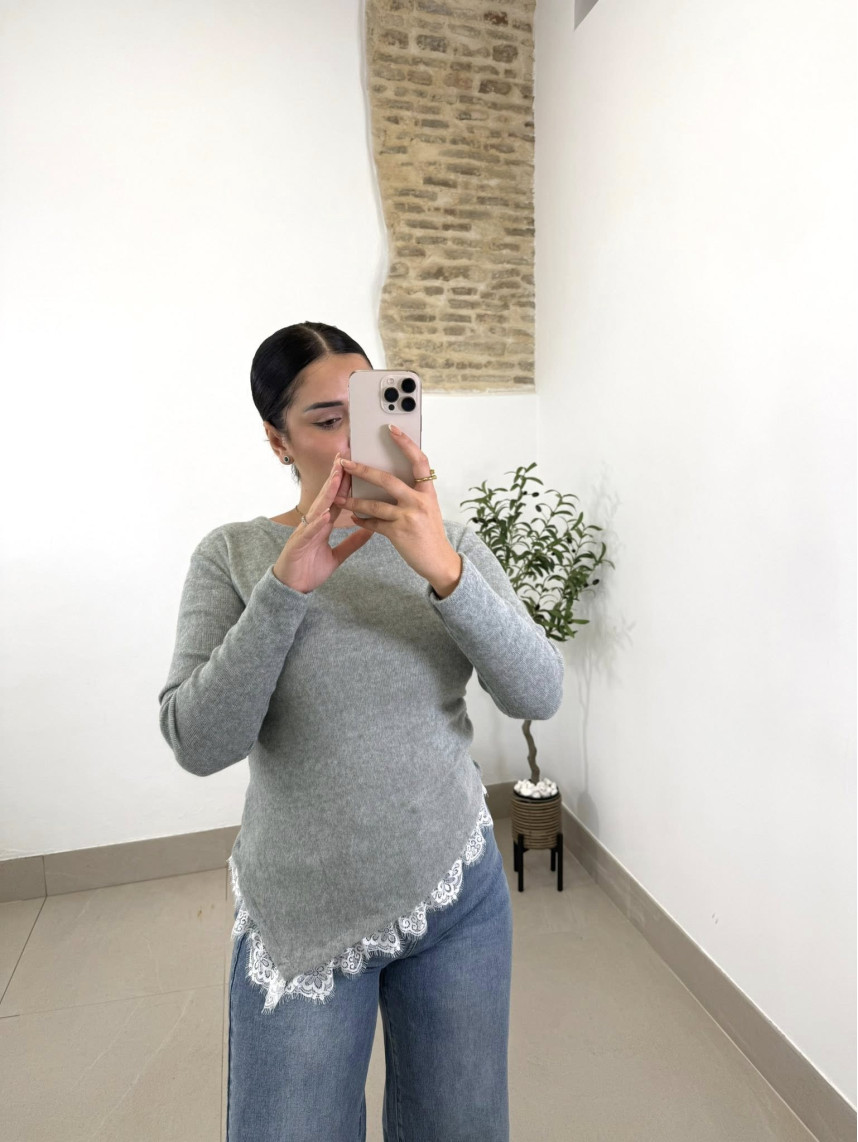 jersey fruncido encaje gris