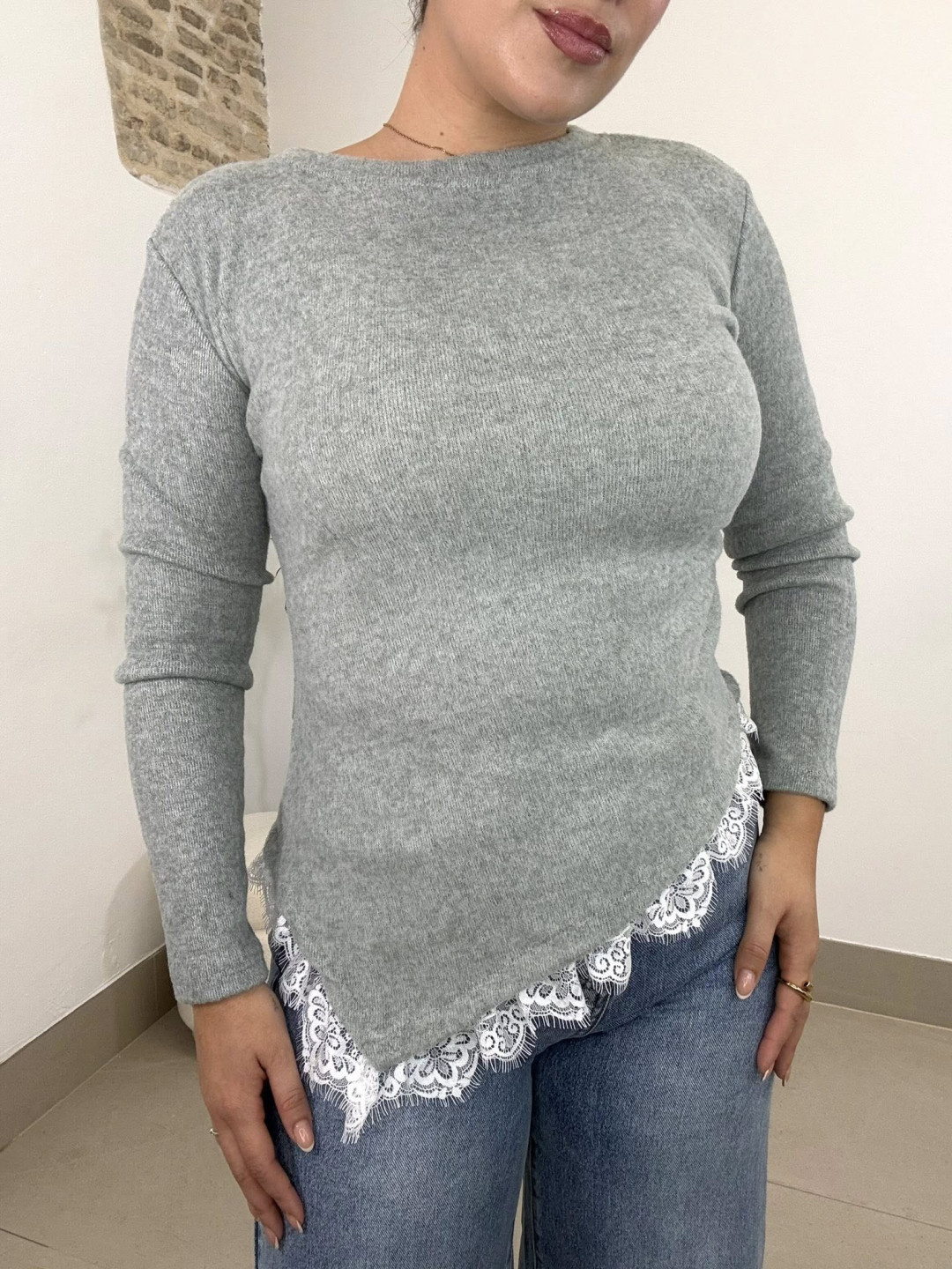 jersey fruncido encaje gris