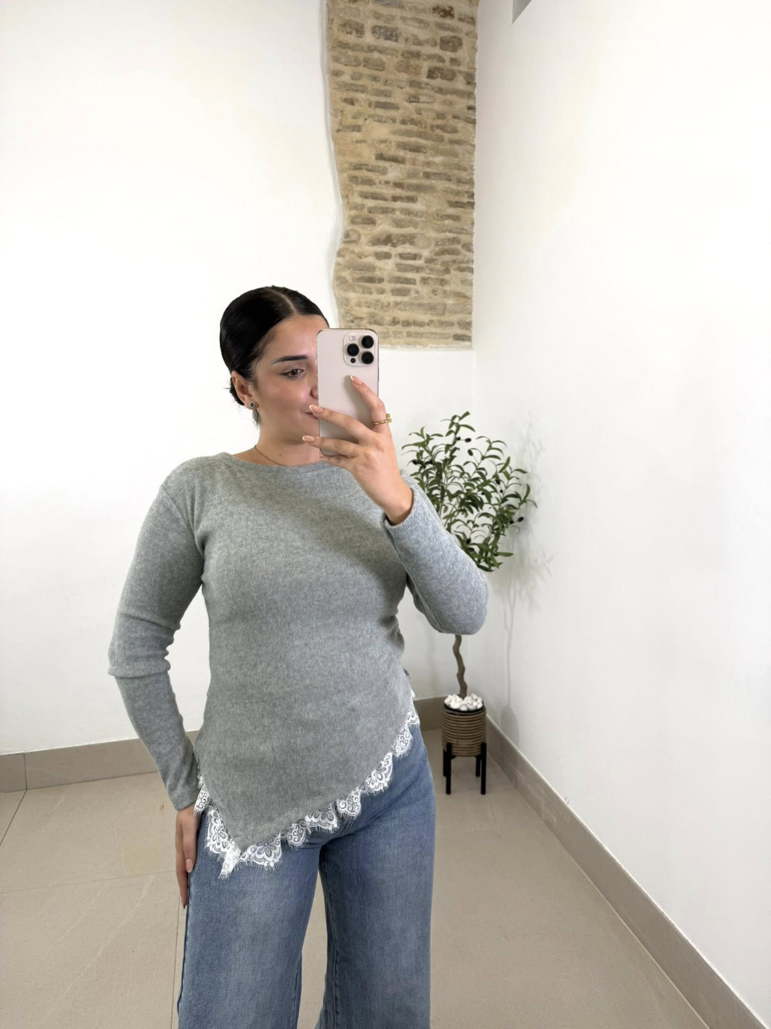 jersey fruncido encaje gris