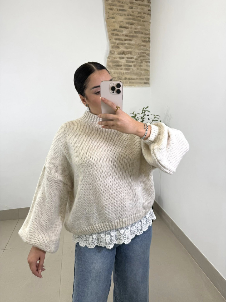 jersey detalle encaje beige