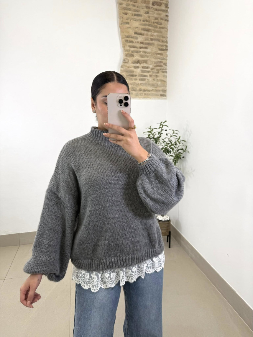 jersey detalle encaje gris