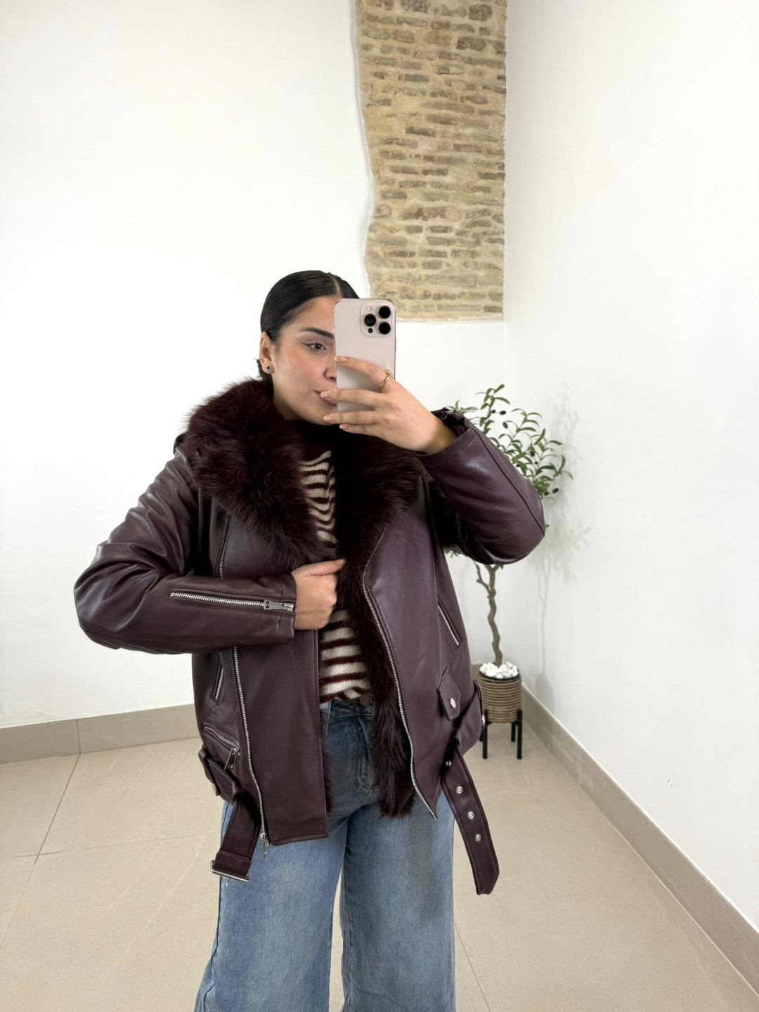 cazadora polipiel combinada pelos tinto