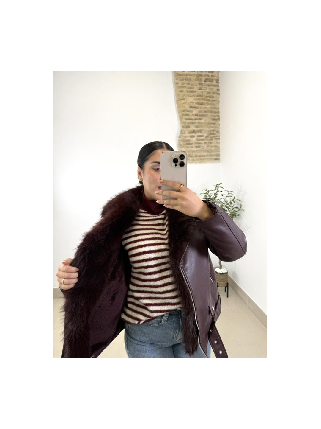 cazadora polipiel combinada pelos tinto
