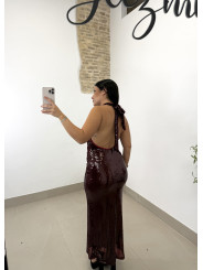vestido largo cuello halter lentejuela tinto