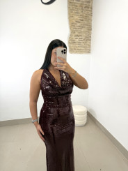 vestido largo cuello halter lentejuela tinto