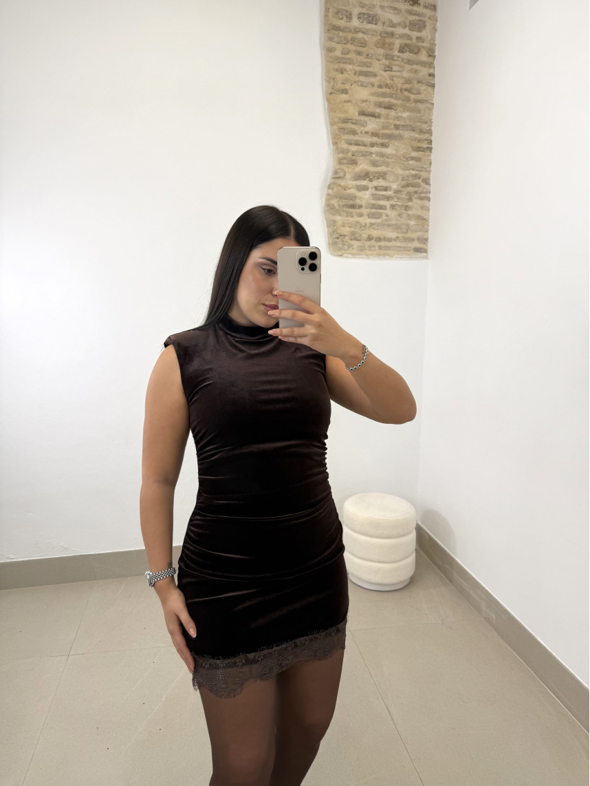 vestido mini terciopelo encaje marron