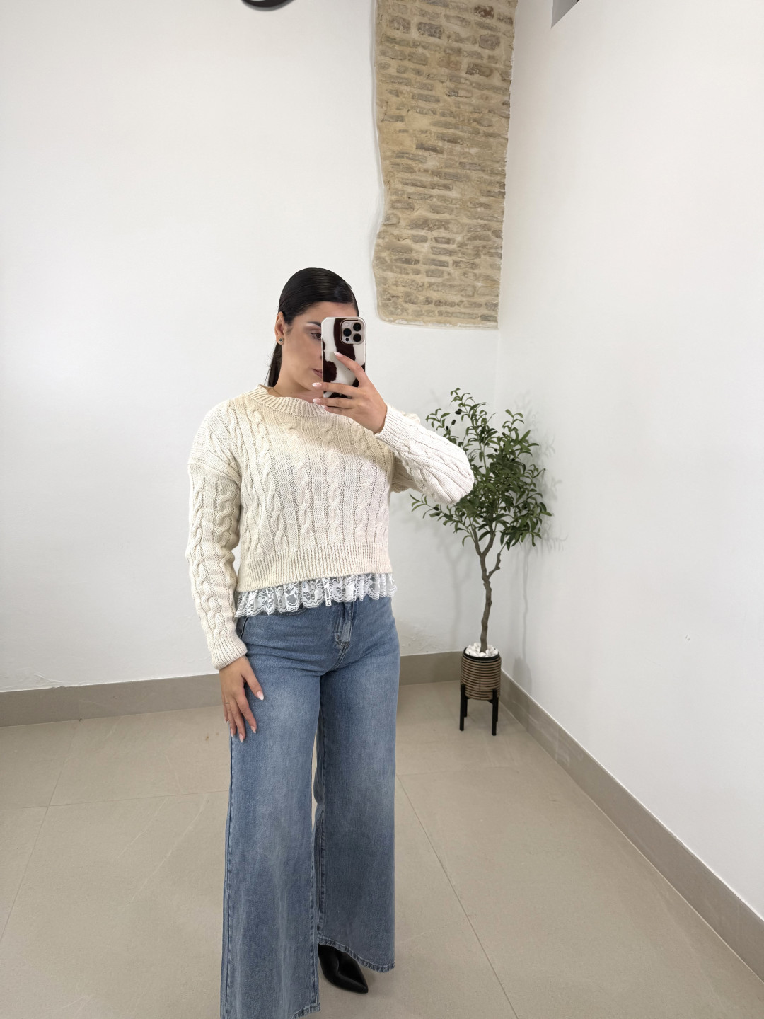 Jersey trenza encaje beige