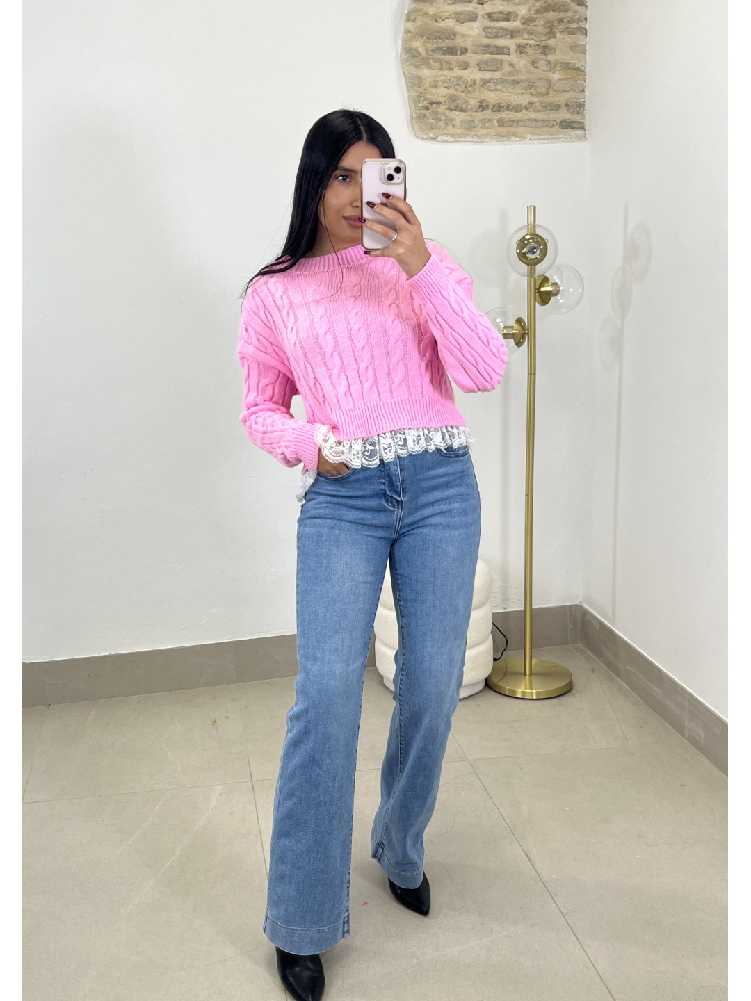 Jersey trenza encaje rosa