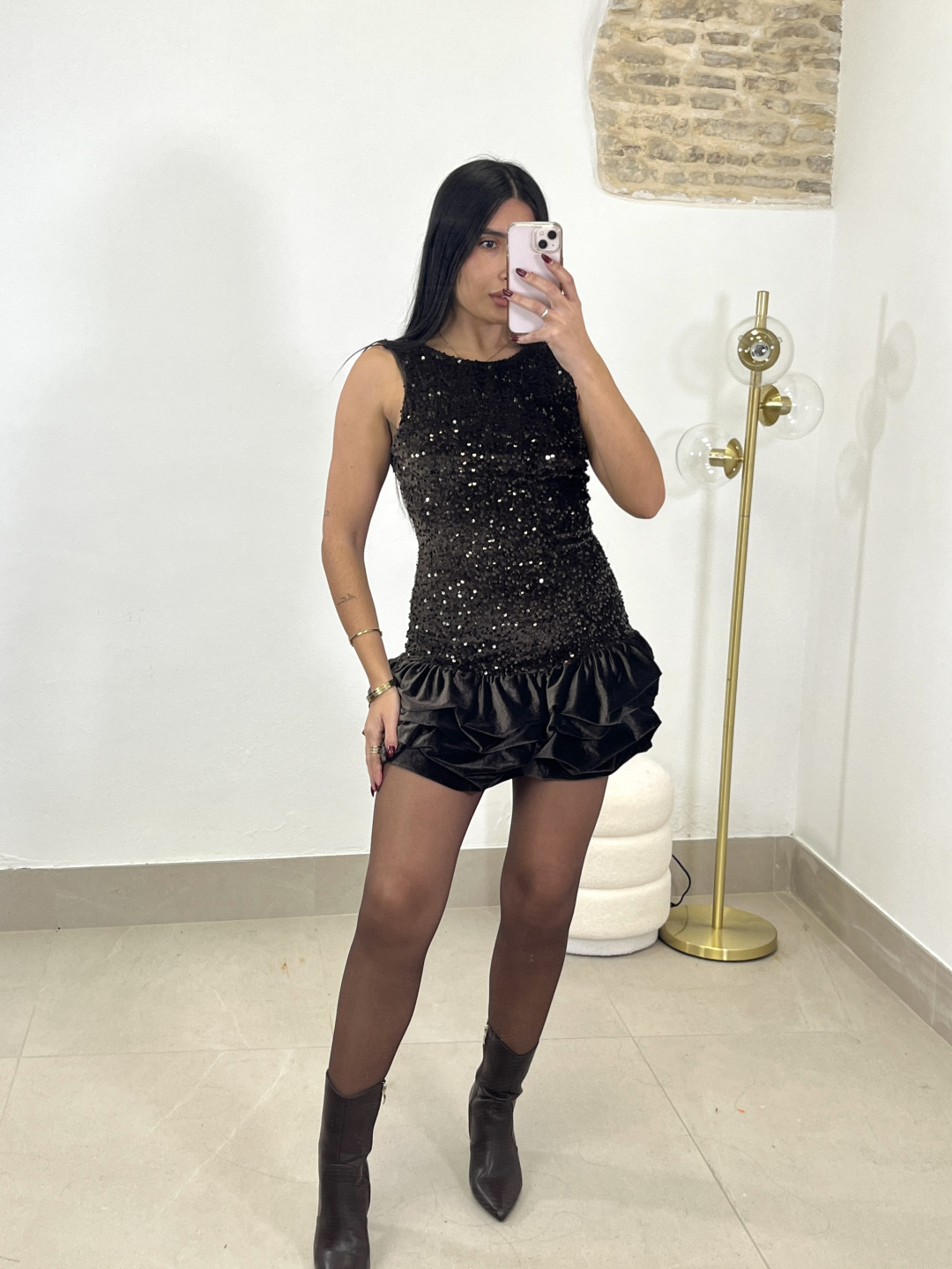 vestido globo lentejuela marron