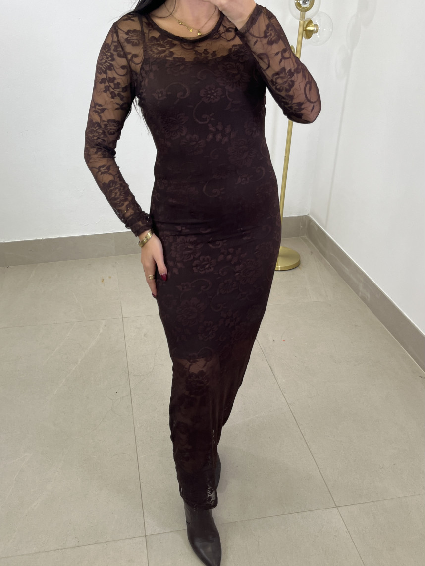 vestido encaje largo marron