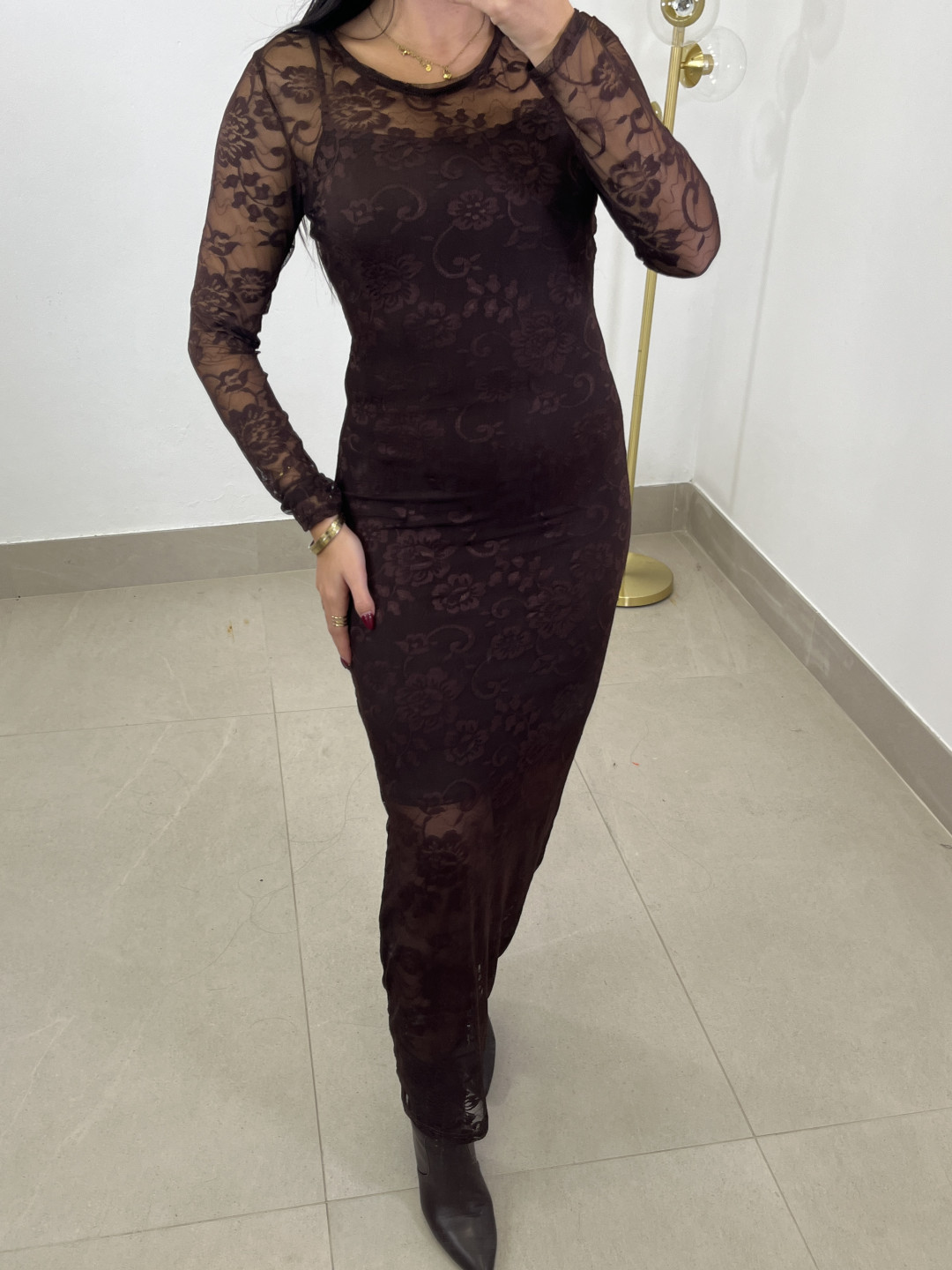 vestido encaje largo marron