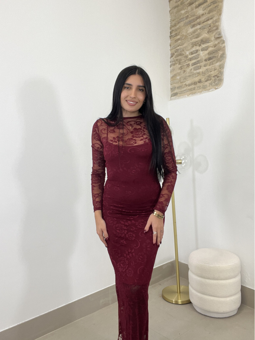 vestido encaje largo tinto