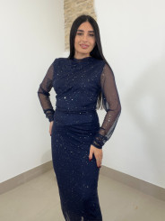 vestido largo tul destello azul