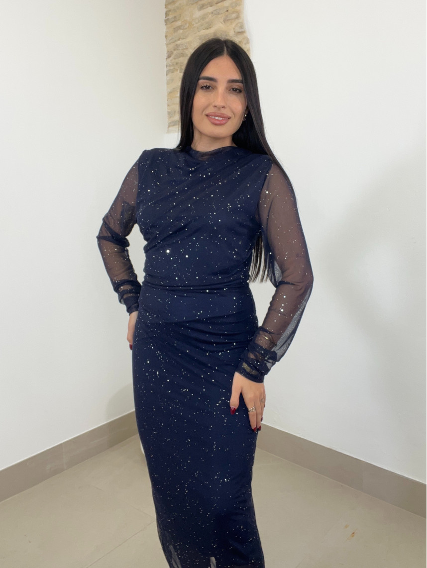 vestido largo tul destello azul