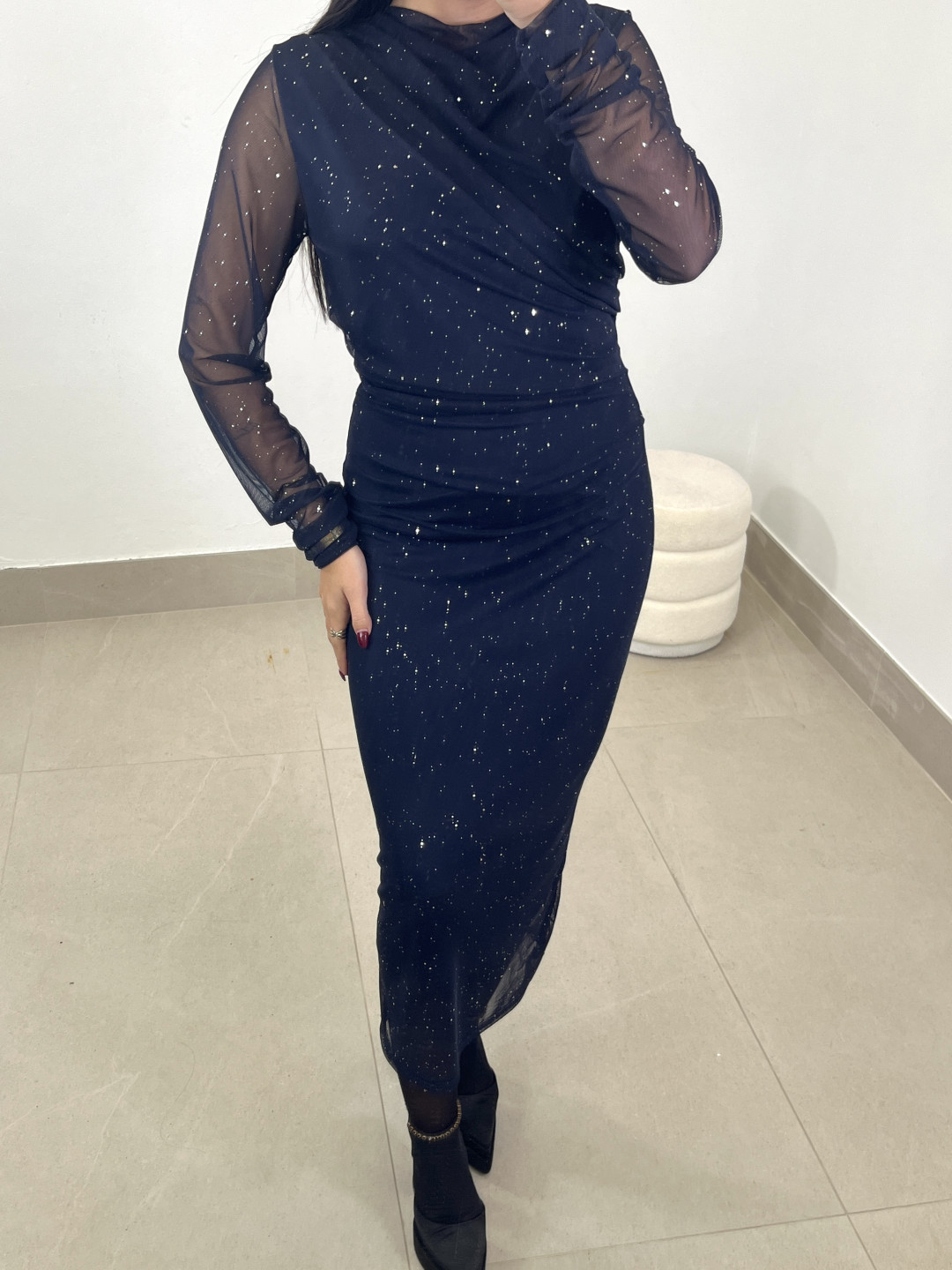 vestido largo tul destello azul