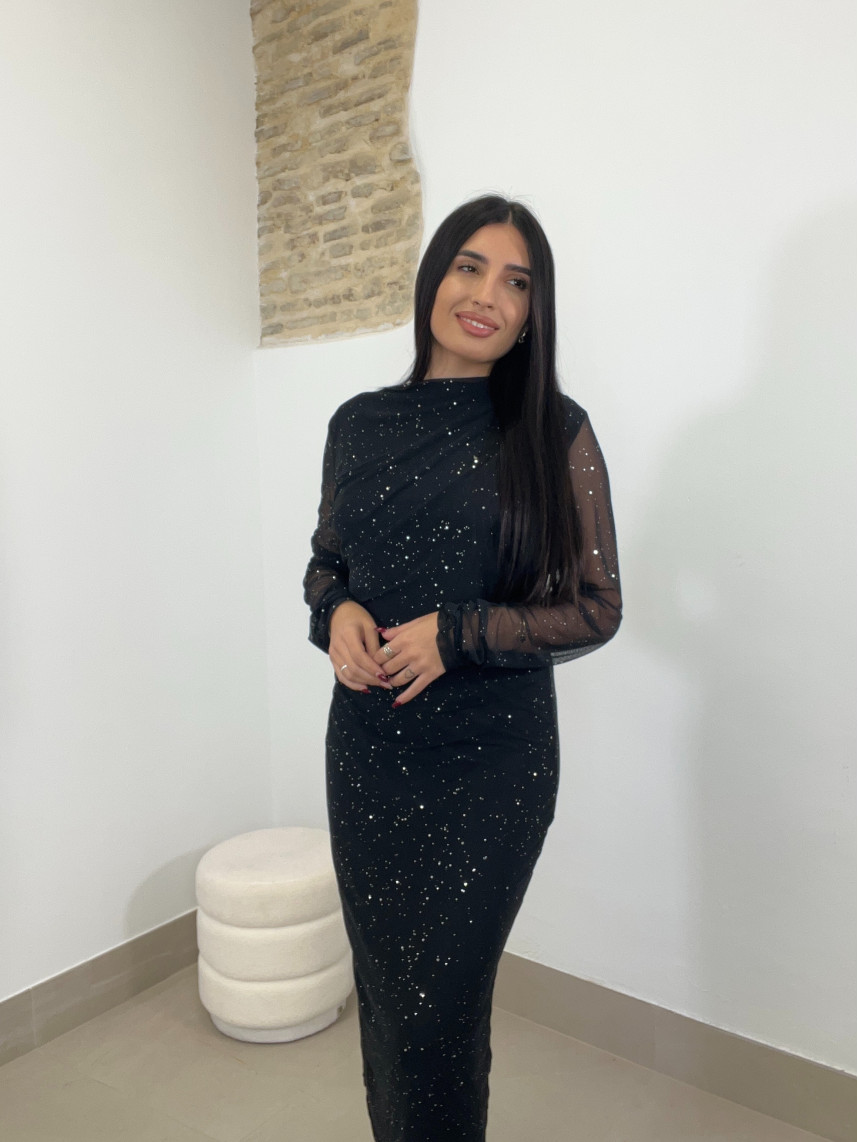 vestido largo tul destello negro