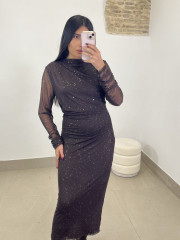 vestido largo tul destello marron