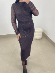 vestido largo tul destello marron