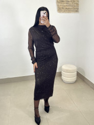 vestido largo tul destello marron