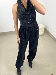 top cuello halter terciopelo lentejuela negro