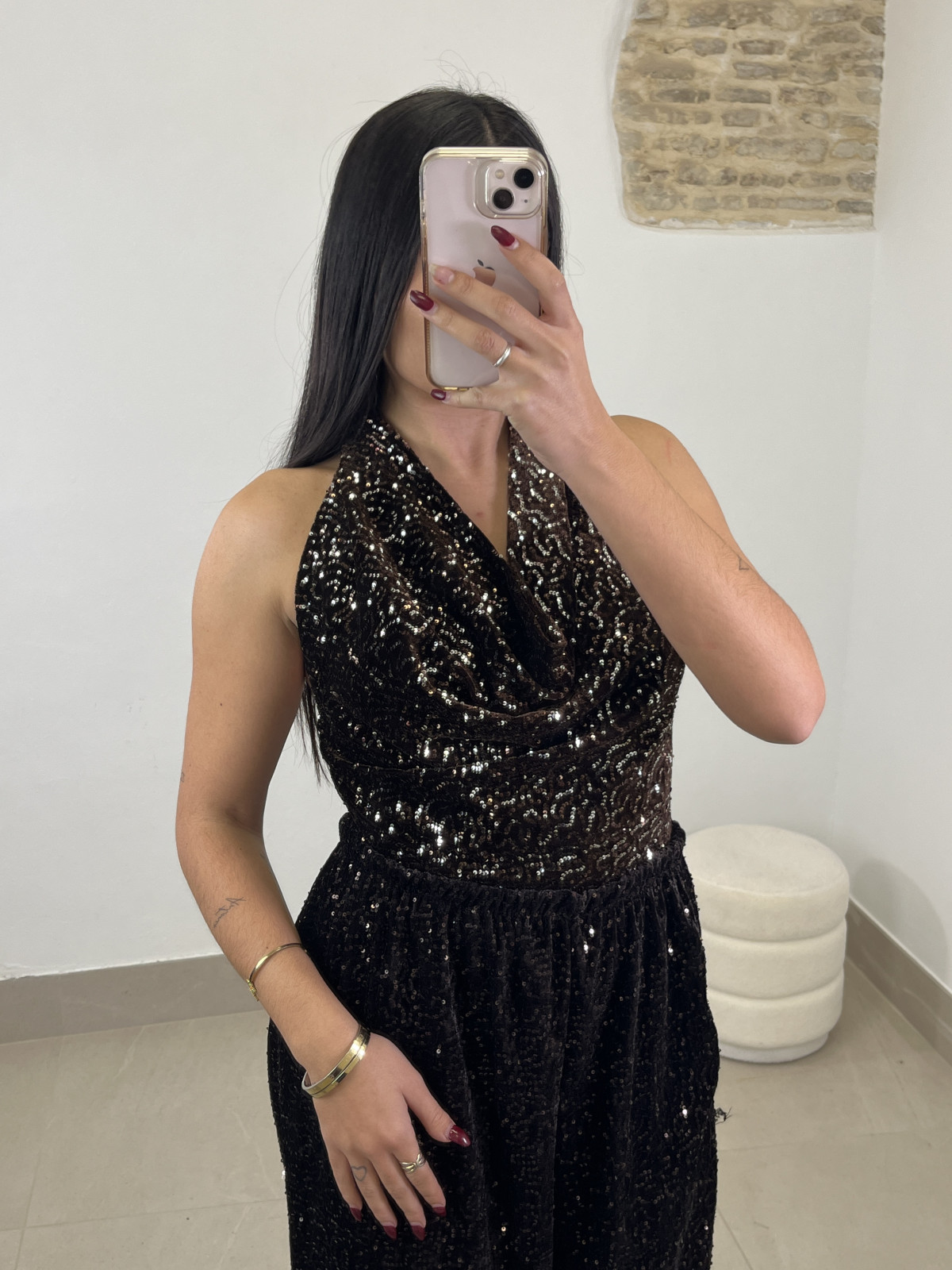 top cuello halter terciopelo lentejuela marron