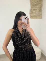 top cuello halter terciopelo lentejuela marron