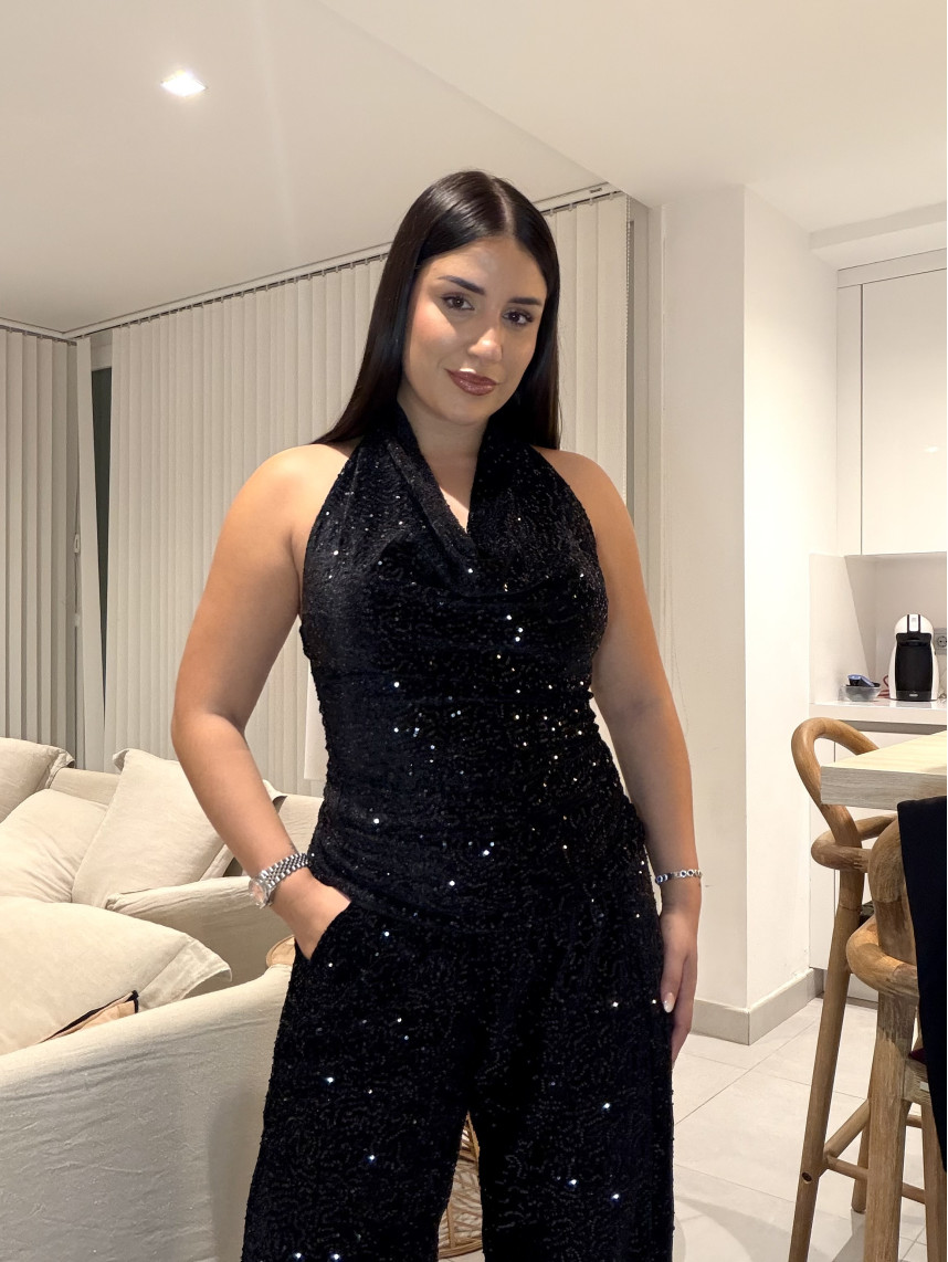 top cuello halter terciopelo lentejuela negro