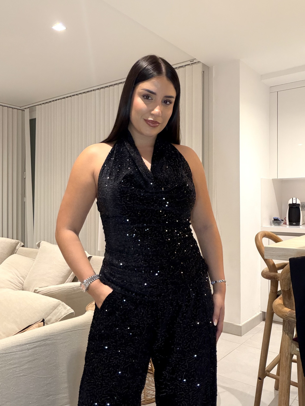 top cuello halter terciopelo lentejuela negro