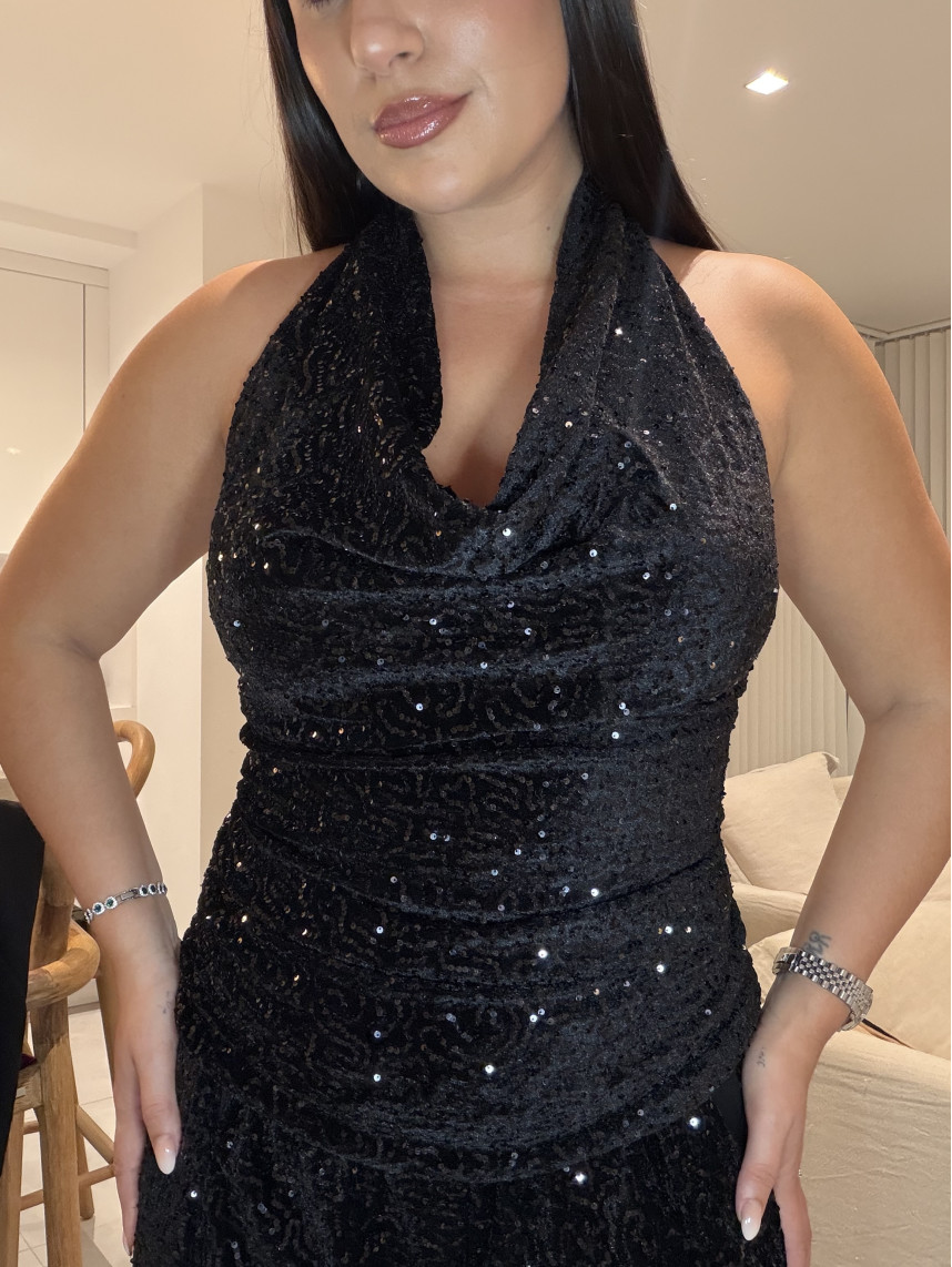 top cuello halter terciopelo lentejuela negro