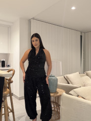 top cuello halter terciopelo lentejuela negro