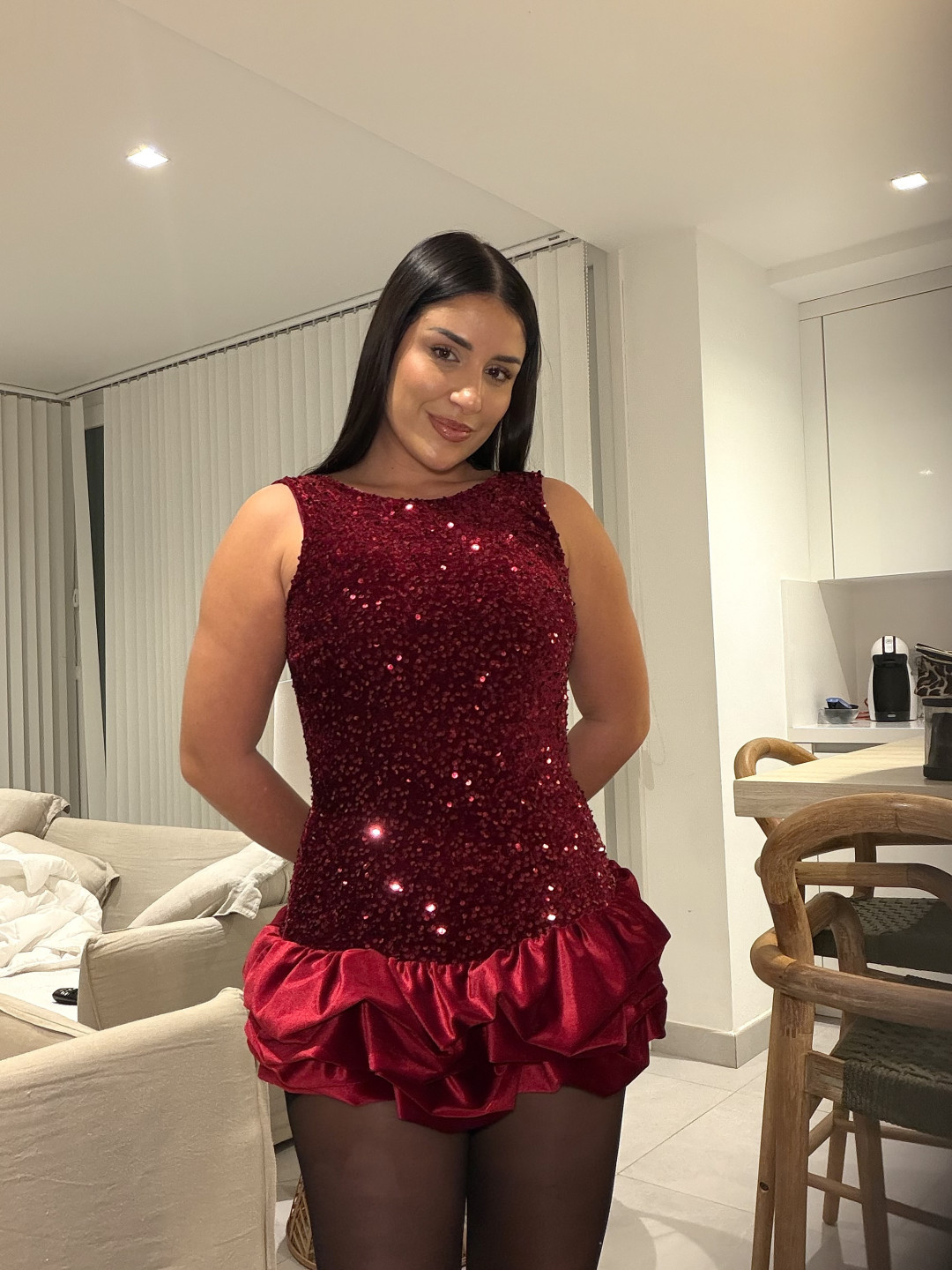 vestido globo lentejuela tinto