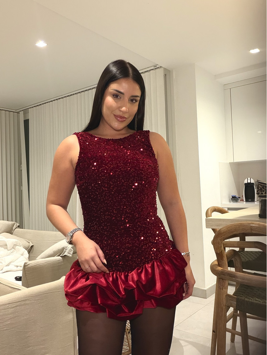 vestido globo lentejuela tinto