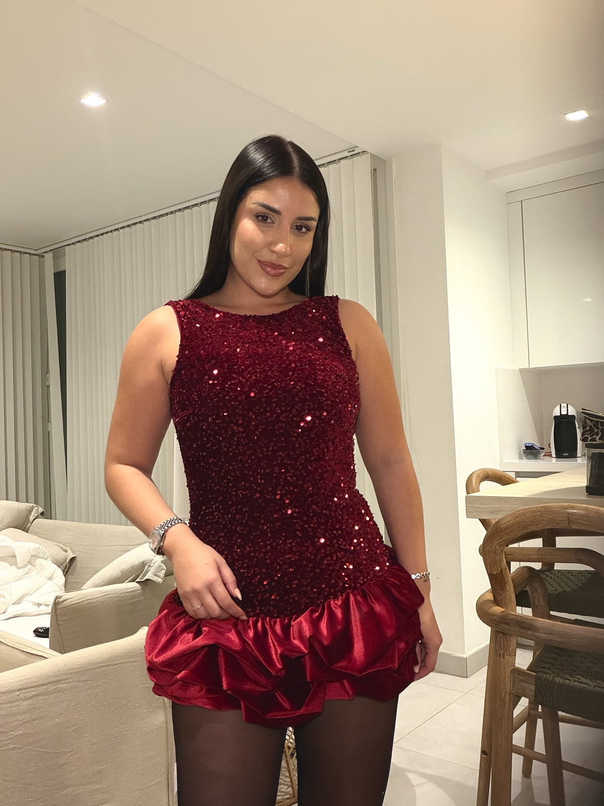 vestido globo lentejuela tinto