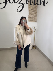 Abrigo paño corto plumas manga beige