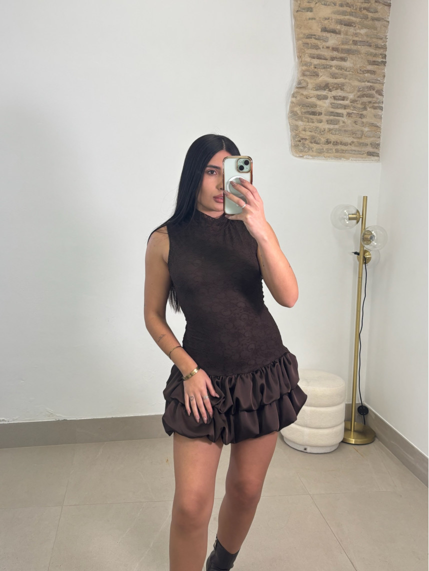 Vestido globo encaje marron