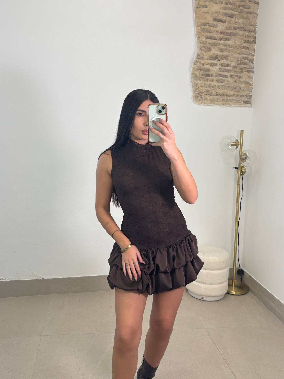 Vestido globo encaje marron